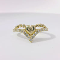 14KT Gold Ring Women's Solid Heart Beaded Necklace Center with Lower White CZ Stone Chevron Band
