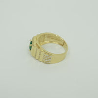 14KT Gold Ring Men's Square Green Round CZ Stone Plain Square Border Side Design Three Tiers of Single Row White CZ Stones Stairs and Triple Row of White CZ Stones Under Stairs