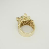14KT Gold Ring Men's Jumbo Wolf Ring with White CZ Stones Fur and Green Eyes