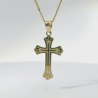 14KT Gold Charm Small Plain Center Cross with Flur De Lis Ends and Plain Bell