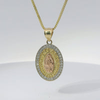 14KT Gold Charm Medium Oval Two Tone Virgin Mary Quinceanera "15 Anos" Coin with White CZ Stones Border and Plain Bell