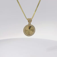 14KT Gold Charm Small Sunray Center Coin with White CZ Stones Border and Bell