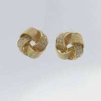 14KT Gold Earrings Medium Four Cord Strand White CZ Stones Open Flattened Square Knot with Plain Borders, Push Back Post, and Butterfly Backs