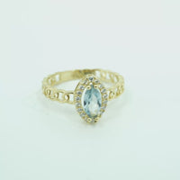 14KT Gold Ring Women's Marquise Light Blue Center Stone with White CZ Stone Border Chino Band