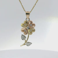 14KT Gold Charm Large Tri Tone Heart Petal Flower with White CZ Stones Petals and Plain Bell