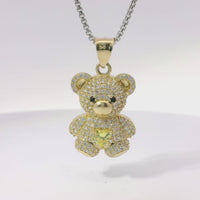14KT Gold Charm Extra Large White CZ Stones Teddy Bear with Yellow Heart Belly and Plain Bell