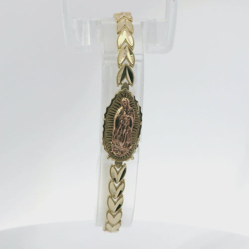 14KT Gold Bracelet Women's Two Tone Vertical Sunray Virgin Mary Plaque with Diamond Cut Jumbo Wheat Shape Link and Lobster Clasp