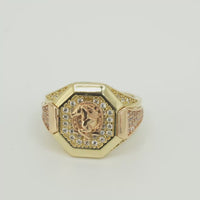 14KT Gold Ring Men's Two Tone Octagon Raised Half Horse Portrait with Horseshoe Frame White CZ Stones Background Plain Border White CZ Stone Band Design White CZ Stones in Raised Triangle Pattern Flanked by Two Smaller White CZ Stone Triangles