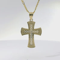 14KT Gold Charm Small Lattice Center Cross with Flare Ends and Plain Bell