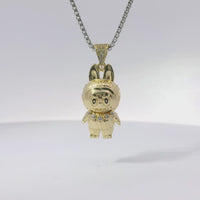 14KT Gold Charm Small 3D Diamond Cut LaBuBu Body, White CZ Stones Necklace, Black Enamel Eyes and White CZ Stones Bell