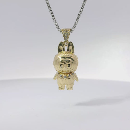 14KT Gold Charm Small 3D Diamond Cut LaBuBu Body, White CZ Stones Necklace, Black Enamel Eyes and White CZ Stones Bell