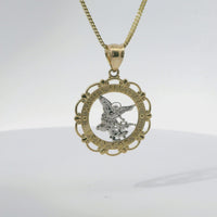 14KT Gold Charm Small Two Tone Open Center St Michael "PRAY FOR US" Coin with Open Scallop Edge and Plain Bell