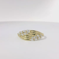 14KT Gold Ring Women's Light Weight Plain Six Mock Split Band Center with White CZ Stone Leaves