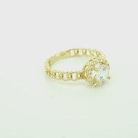 14KT Gold Ring Women's Round White Center Stone with White CZ Stone Border Chino Band