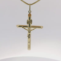 14KT Gold Charm Extra Large Plain Hollow Tube Slant Ends Crucifix Cross with Plain Oval Bell