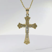 14KT Gold Charm Medium Two Tone Spade Shape Flare Ends Crucifix Cross with Plain Bell