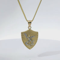 14KT Gold Charm Large Two Tone St Michael Shield Shape Coin with White Gold Diamond Cut Wings and Plain Bell