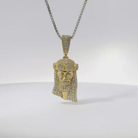14KT Gold Charm Medium 3D Jesus Head with Flat Back and White CZ Stone Face and Bell
