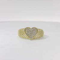 14KT Gold Ring Women's White CZ Stone Honeycomb Lattice Band with Raised Heart Cluster Center