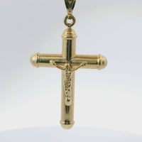 14KT Gold Charm Extra Large Hollow Tube Crossed Center Crucifix Cross Rounded Ends with Plain Bell