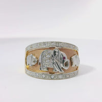 14KT Gold Ring Women's Tri Tone Right Facing White Gold Elephants One with Pink CZ Eye Rose Background White CZ Stones White Gold Band Border