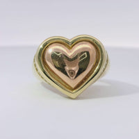 14KT Gold Ring Women's Two Tone Plain Puff Heart with Plain Puff Heart Border White CZ Stones Edge Plain Band