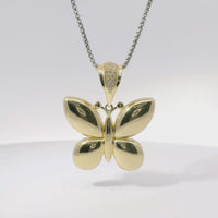 14KT Gold Charm Large 3D Puff Butterfly with Flat Back White CZ Stones Edge and Bell