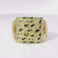 14KT Gold Ring Men's Square Large Flat Nugget with Plain Border and Cuban Link Band