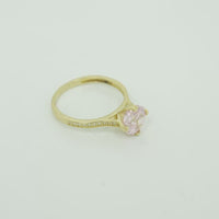 14KT Gold Women's Ring Octagon Rose Mini 4 Prong Powder Pink CZ Center Stone with Round White Pave CZ Stone Band