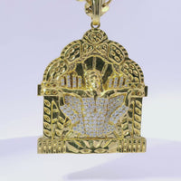 14KT Gold Charm Jumbo White CZ Stones Open Hands Lifting Jesus in Arch Alter Center with White CZ Stones Chest and Plain Bell