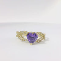 14KT Gold Ring Women's Purple Heart Shape Halo Center CZ Stone White CZ Stone Helix Open Band