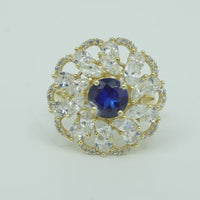 14KT Gold Ring Women's Flower Navy Blue Round Center CZ Stone White Pear/Marquise Petals with Round White CZ Stones Border and Plain Split Band
