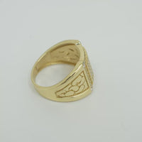 14KT Gold Ring Men's Square White Round CZ Stones Raised Center Square Plain Border Second Border White CZ Stone Border Corner Design Four Slightly Larger White CZ Stones Side Design Nugget Print / Plain Side Design Border