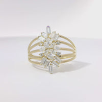 14KT Gold Ring Women's Light Weight Jumbo Marquise Pear Baguette White CZ Stone Snowflake Center Five Way Split Band