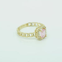14KT Gold Ring Women's Rectangle Pink Center Stone with White CZ Stone Border Chino Band