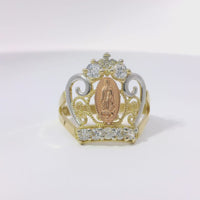 14KT Gold Ring Women's Tri Tone Virgin Mary Tiara with Two White CZ Top Stones and Five White CZ Stones Tiara Band with Plain Split Band