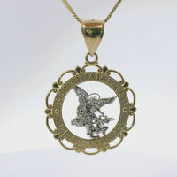 14KT Gold Charm Large Two Tone Open Center St Michael "PRAY FOR US" Coin with Open Scallop Edge and Plain Bell