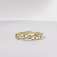 14KT Gold Ring Women's Light Weight White CZ Stone and Curb Link Criss Crossed Center with Plain Band
