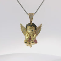 14KT Gold Charm Large 3D Baby Angel Flat Back with Dark Pink Robe, Black CZ Stones Hair, and White CZ Stones Wings and Bell