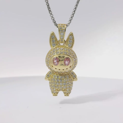 14KT Gold Charm Large 3D Flat Back LaBuBu Pink Oval CZ Stones Eyes, White CZ Stones Body and Bell