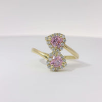 14KT Gold Ring Women's Pink CZ Stone Hearts with White CZ Stone Borders Bypass Band