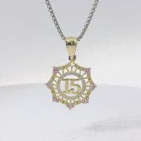 14KT Gold Charm Medium Quinceanera "15" Open Webbed Wreath with Light Pink and White Round CZ Stones Border with Plain Bell
