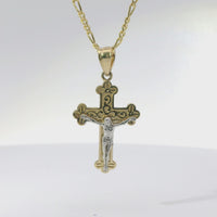 14KT Gold Charm Extra Small Two Tone Swirl Center Club Ends Crucifix Cross with Plain Bell
