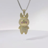 14KT Gold Charm Medium 3D Flat Back LaBuBu Pink Oval CZ Stones Eyes, White CZ Stones Body and Bell