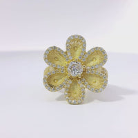 14KT Gold Ring Women's Hollow Six Petal Daisy Petals with White CZ Stone Center and Border