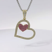 14KT Gold Charm Medium Tilted Open White CZ Stones Heart with Dark Pink Center Heart and White CZ Stones Bell