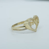 14KT Gold Ring Women's Heart Shape White CZ Stone Outline with Open Center and Pulse Zig Zag in Center Split Band Half Plain Half White CZ Stone