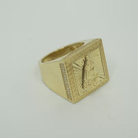 14KT Gold Ring Men's Square St. Barbara Greek Border with Double Row White CZ Edge Stones