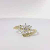 14KT Gold Ring Women's Light Weight White CZ Stone Snowflake Cluster with Nugget Bypass Band