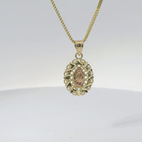 14KT Gold Charm Small Two Tone Virgin Mary Lattice Oval with Diamond Cut Border and Plain Bell